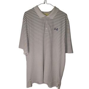 Under Armour HeatGear Polo Shirt Mens 2XL White Yellow Blue Stripe Golf FLAWS